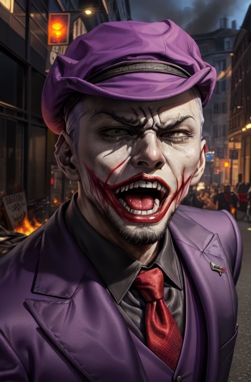 the joker ,  dc_(comics)  ,white flesh , decomposing skin ,zombie human.white skin , open mouth ,fangs, houses on fire background  ), portrait, in a suit, purple coat, long coat, purple  hat on his head,purple trousers,allblacksuit, detailed,bigbyTWAS_soul3142,monster,ded1