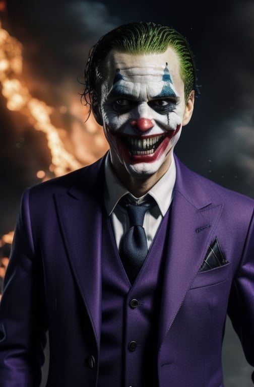 the joker ,  dc_(comics)  ,white flesh , decomposing skin ,zombie human.white skin , open mouth ,fangs, houses on fire background  ), portrait, in a suit, purple coat, long coat, purple  hat on his head,purple trousers,allblacksuit, detailed,bigbyTWAS_soul3142,monster