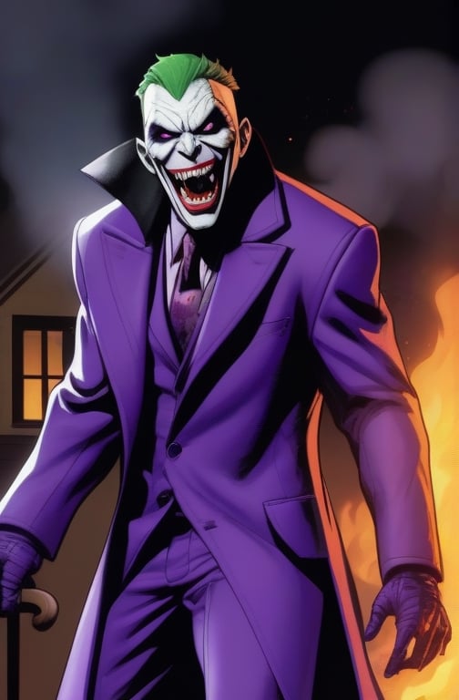 the joke,  dc_(comics)  ,white flesh , decomposing skin ,zombie human.white skin , open mouth ,fangs, houses on fire background  ), portrait, in a prisoner suit, purple coat, long coat, purple  hat on his head,purple trousers,allblacksuit, detailed,bigbyTWAS_soul3142,monster