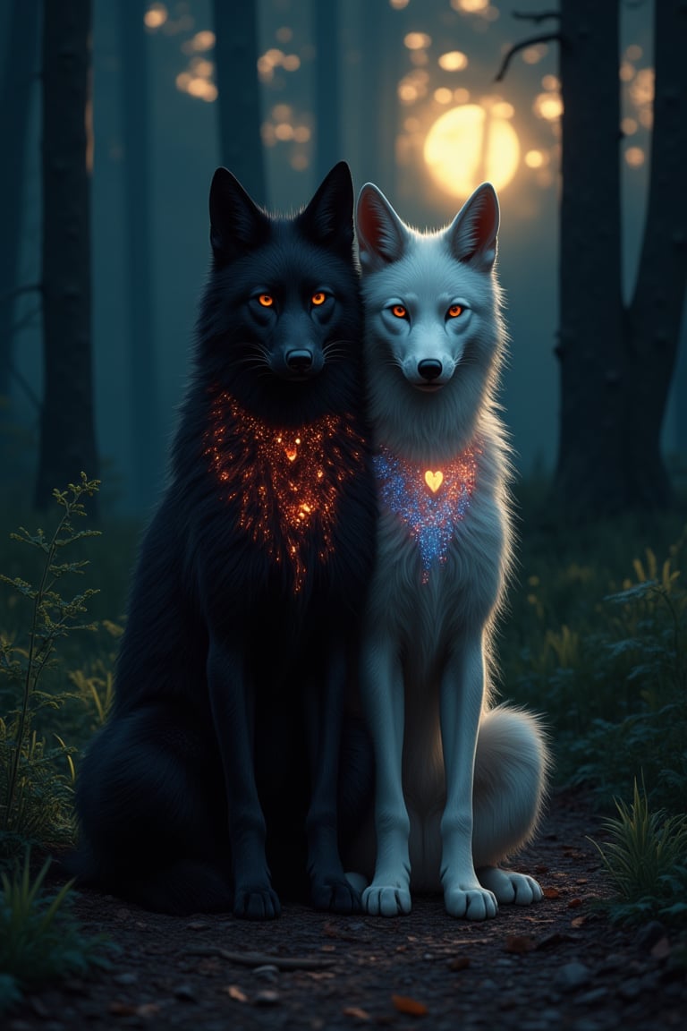 a maned wolf crossed with a cat sits side by side on a forest path with his twin, solid rich deep black fur color, very dark forest trail, wearing a glowing enchanted gemmed color with bioluminescent, bioluminescent, full moon-lit, iconography, hints of maroon blue and gold color, ultra detailed, beautiful and aesthetic, High quality, beautiful, masterpiece, best quality, (zentangle, mandala, tangle, entangle :0.6), 24k resolution, photorealistic, mythical white fox with nine tails, looking directly at viewer,white with some red tattoos