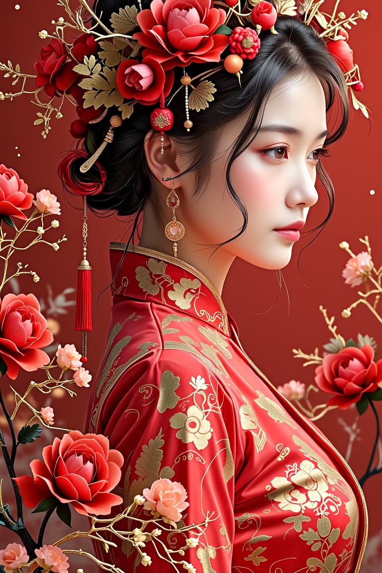 chinese red blouse, in the style of dreamy and romantic compositions, floral explosions --ar 24:37 --stylize 750 --v 6, 8k