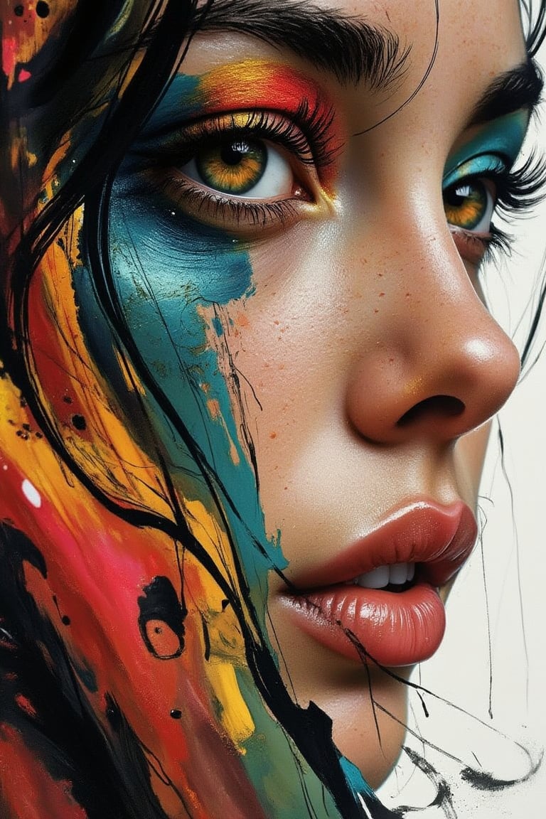 Colorful beautiful woman, full body shot, Black ink flow: 8k resolution photorealistic masterpiece: by Aaron Horkey and Jeremy Mann: intricately detailed fluid gouache painting: by Jean Baptiste Mongue: calligraphy: acrylic: watercolor art, professional photography, natural lighting, volumetric lighting maximalist photoillustration: by marton bobzert: 8k resolution concept art intricately detailed, complex, elegant, expansive, fantastical, Golden Eyes. logo design