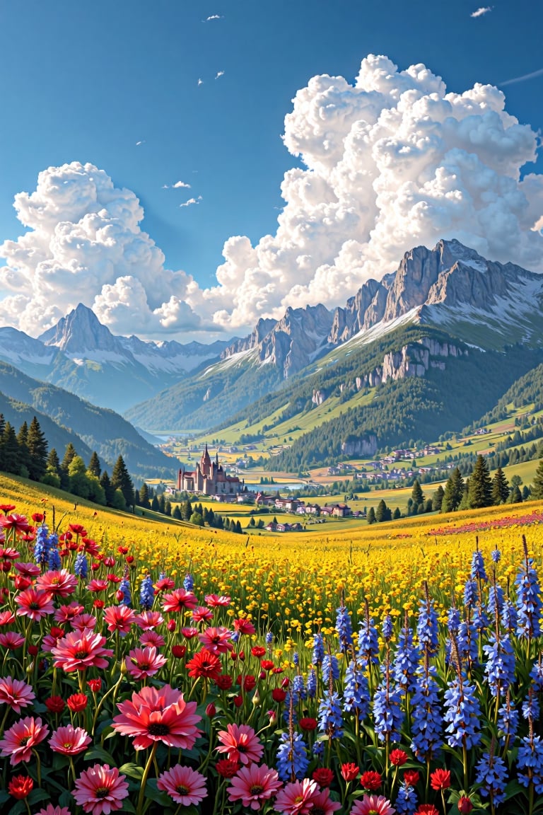 Beautiful day with flowers, vast impressive field of flowers in a flat and open plan, vast landscapes, far distant towering mountains amist the broiling colorful stormy clouds, billowing cumulous clouds high into the sky, distant castle fortresses monasteries, markers, billowing colorful, hints of impressionist inspired art style, a beautiful day, grandeur, 4K