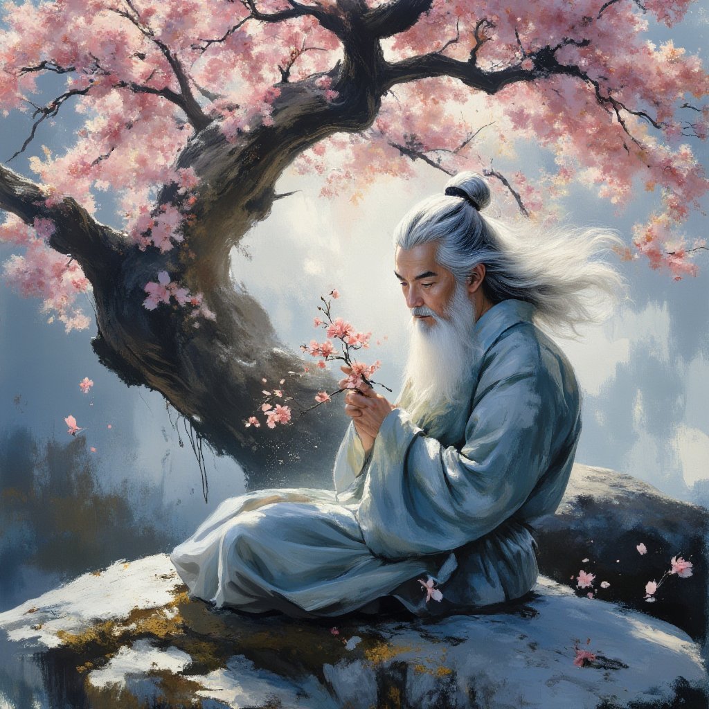 Old mythical Chinese King with long white hair and gentle eyes, wearing a kimono looks  as if it's made of water, holds a cherry blossom and flower twig sitting in quarter profile on a gray white stone, shimmering light water blue, under a gnarled old cherry tree, oil painting, 8k resolution,