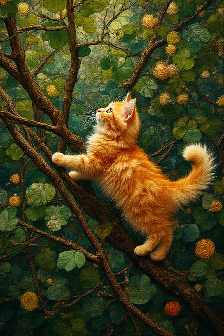 "An overhead shot capturing a fluffy
ginger kitten gracefully climbing a tree
branch. Green leaves and other
branches overlap, creating chaotic
lines and swirls, with the wind
adding movement. Inspired by
Gustav Klimt's style, the image will
feature intricate patterns, rich
colors, and a touch of gold, evoking
a sense of elegance and timeless
beauty."