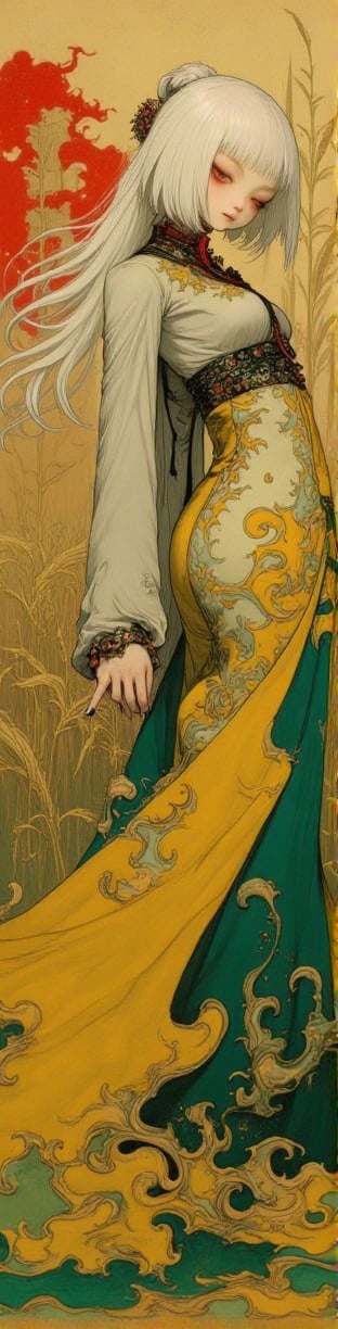 The rice queen of spring, alayed in all her finery of jade green, spirit yellow and golden sunlight, radient red hair tattooed in vibrent torquoise blue and dappled red enclosed by white beautiful hair, 8k