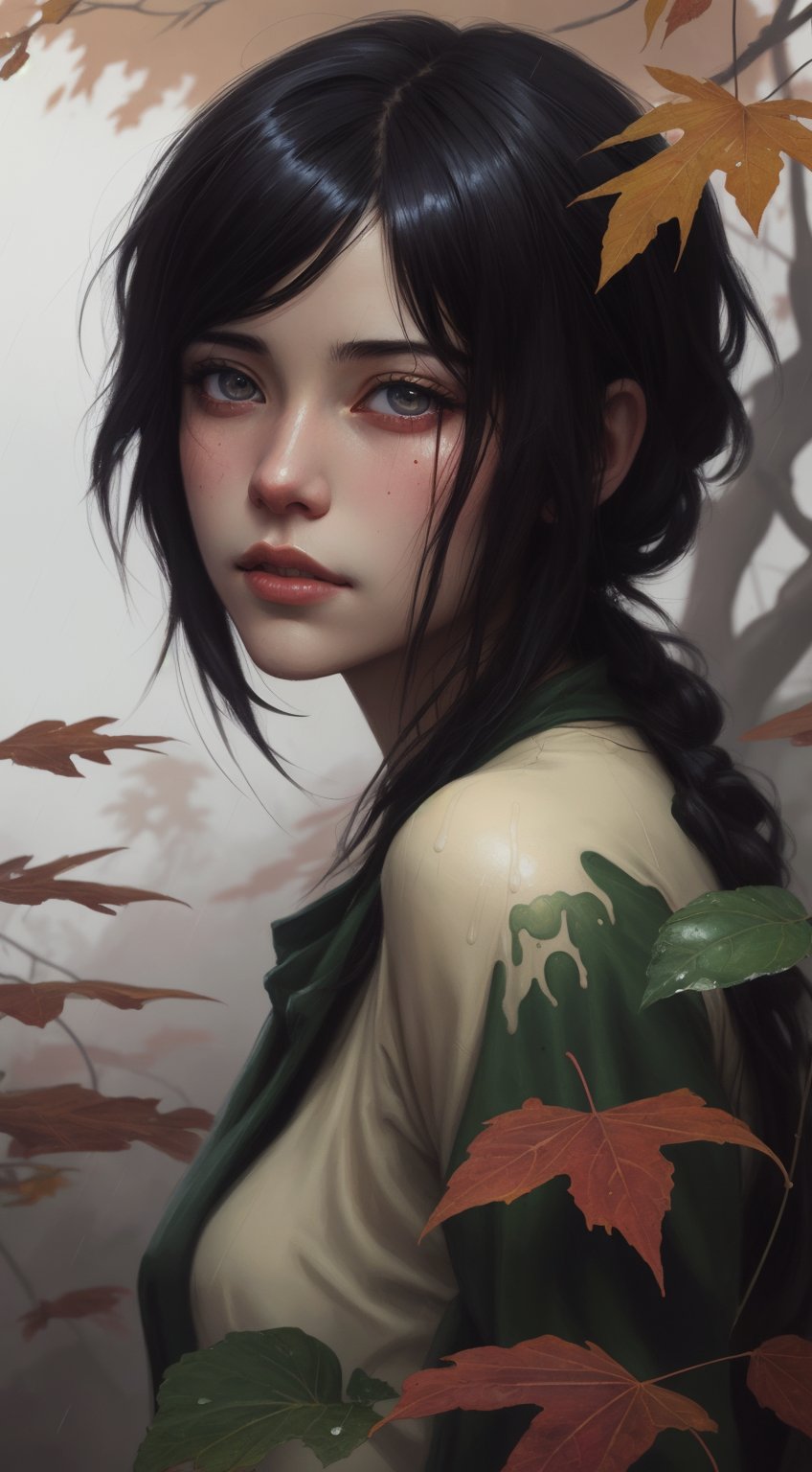 an autumn leaf pixie girl on a leaf in the rain, The agis man and the world of space adventure, photo realism, 8k resolution,, garden, trending on artstation, 4k, intricate details, highly detailed, pencil drawing, sketching, unreal engine, greg rutkowski, loish, rhads, beeple, makoto shinkai and lois van baarle, ilya kuvshinov, rossdraws, tom bagshaw, alphonse mucha, oil painting, heavy strokes, paint dripping, oil painting, heavy strokes, paint dripping