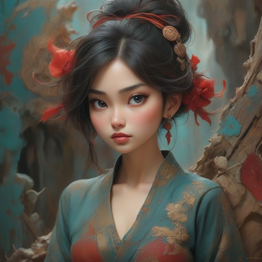 A painting of an Asian woman,  Papier-Mâché,  in the style of precisionist art by arc on Tensor.Art