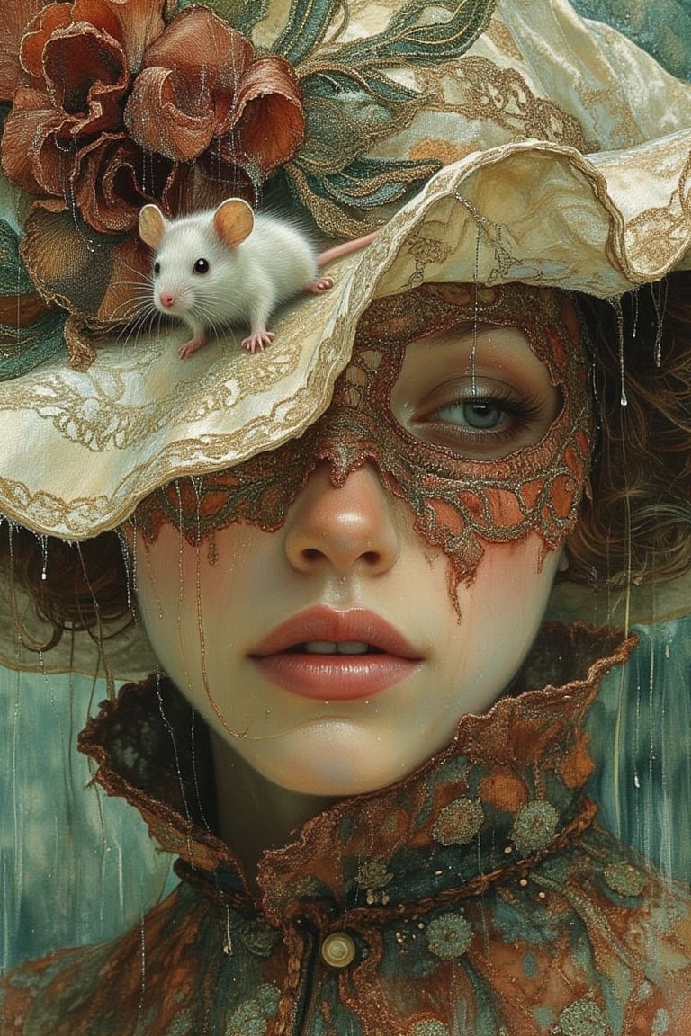 a medium close up of a wet rainy pretty person wearing a lace filligree kneedle point mask,  dreamy gothic girl,  elegant...