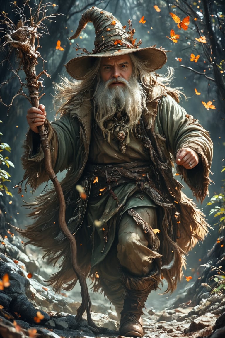 a mildly friendly very old Nordick Forest wizard, gray hair wrinkles, dynamic pose walking quickly to profile, mossy beard, fantasy, Radagast, carries a gnarled old wooden magic staff, butterflies, birds, lord of the rings, slightly limp wizard hat, oil, watercolor, comic art style, DaVinci,