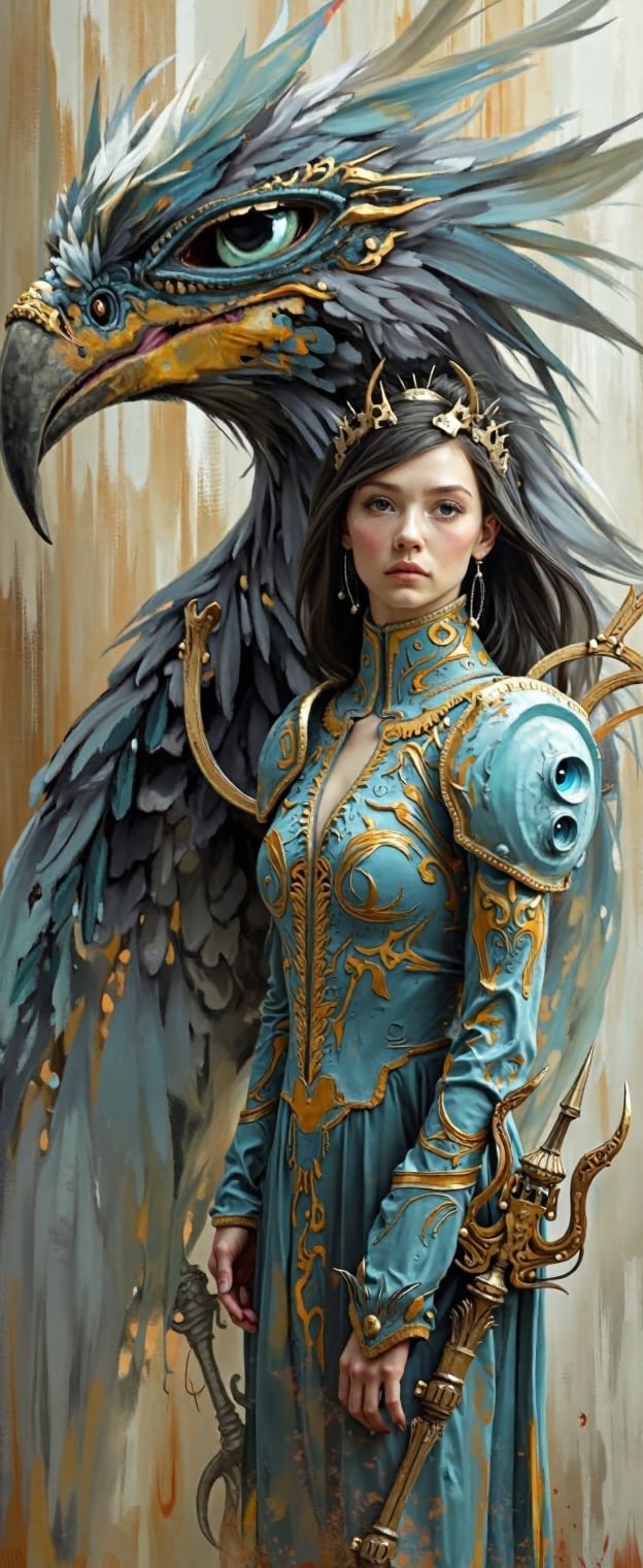 A beautiful alian woman stands in front of her large flightless bird with an alien worrior's staff and fight regalia armor...