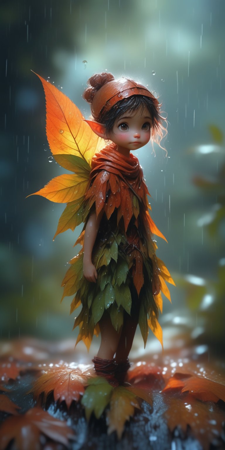 an autumn leaf pixie girl on a leaf in the rain, The agis man and the world of space adventure, photo realism, 8k resolution,