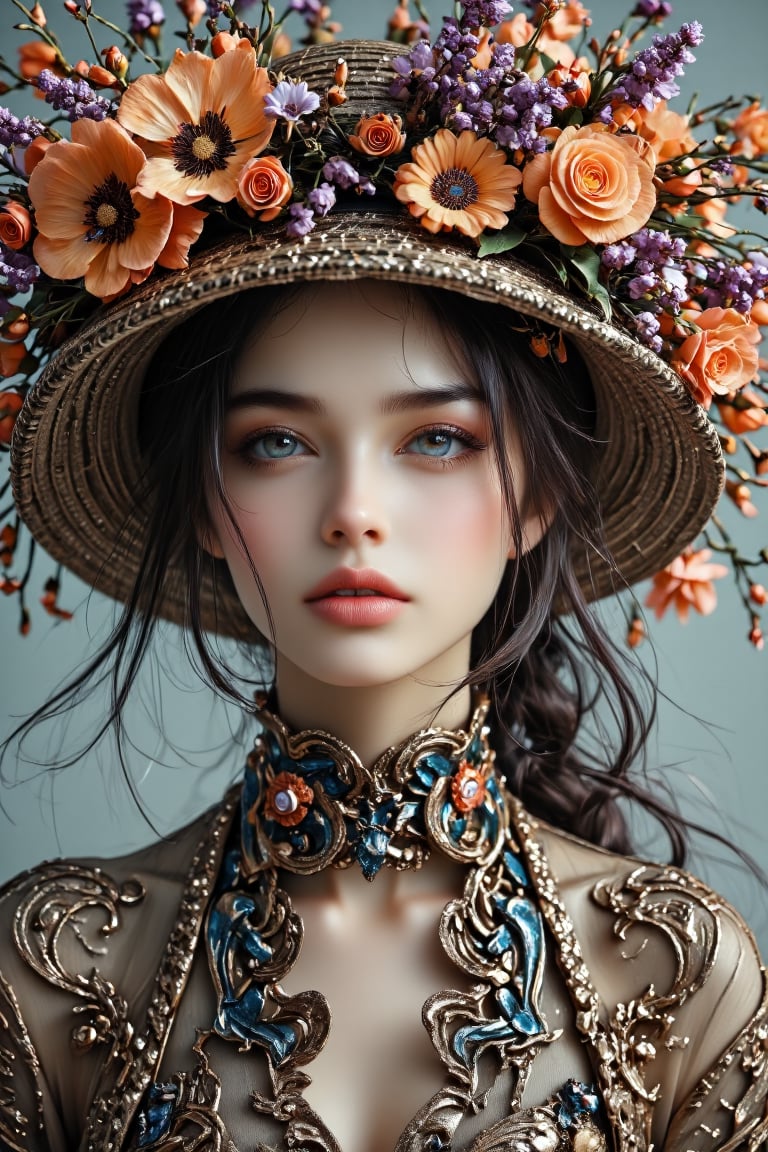 woman with a head full of flowers. flowers come out of her eyes and mouth and a hat full of flowers. half human half flower, 8k resolution,