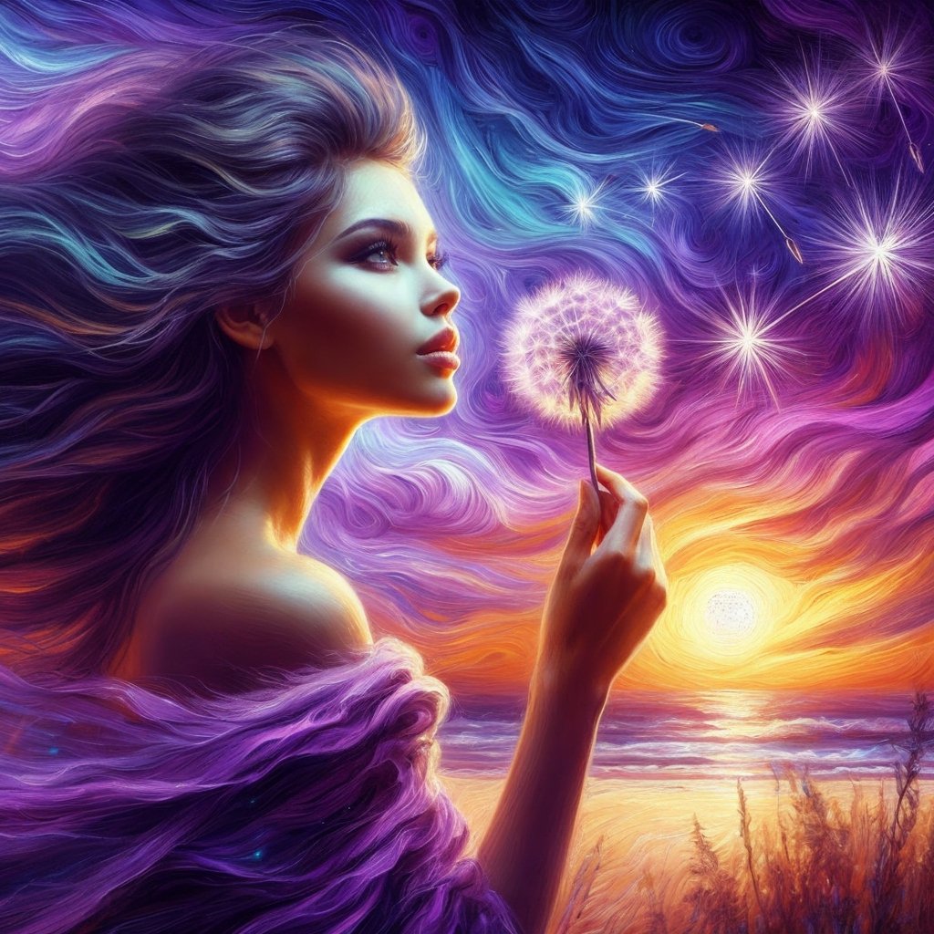 A cute and very beautiful woman in a purple dress with the sun in the background holding on to a star encrusted dandelion husk floating over a violet and orange-yellow sky lofted on the winds of a changing world lost in the sands of time.,photo of perfecteyes eyes,oilpainting