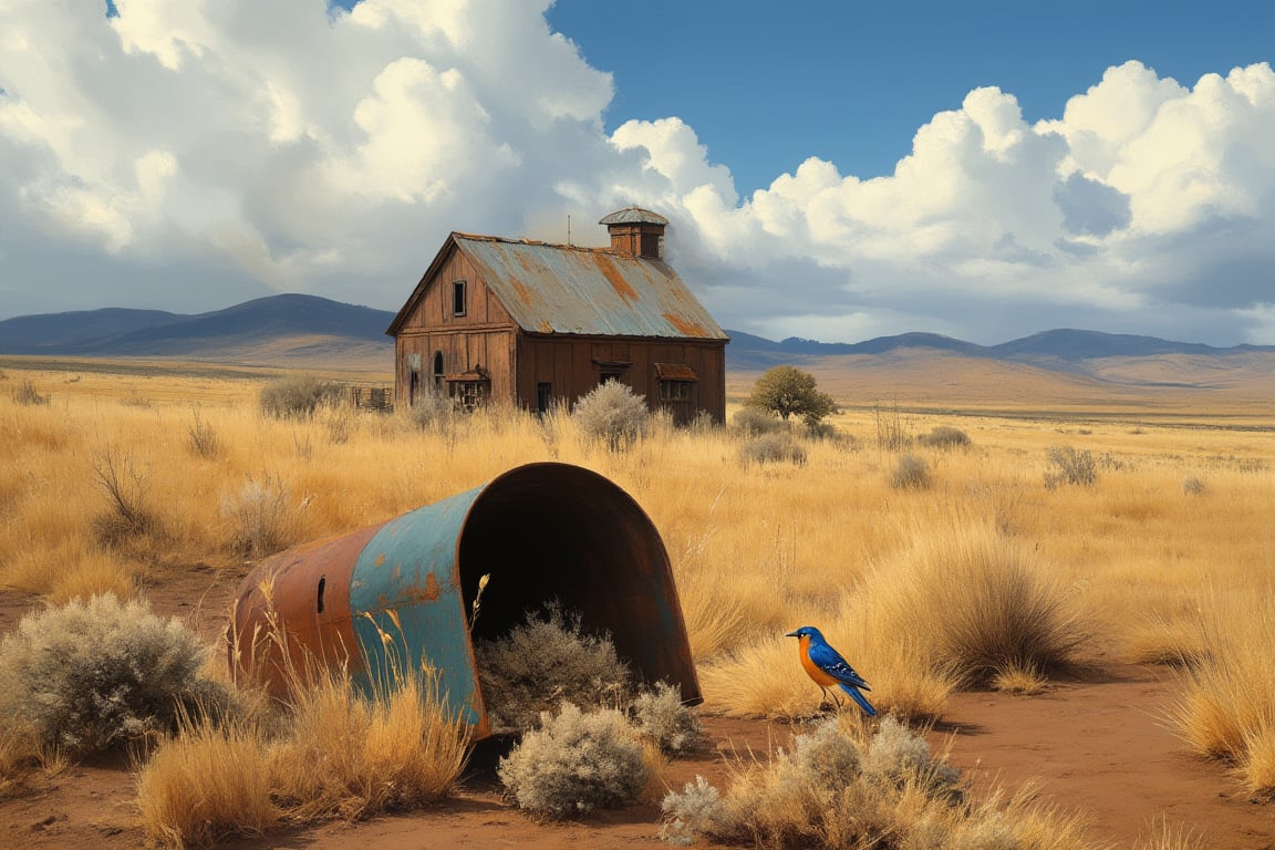 ((((western bluebird painted on))) an old rusty mailbox) in (((( Trompe l'oeil art style)))), in a dry abandoned field of an old farm house, the bluebird is painted in Trompe l'oeil style on the mailbox, 24k resolution, hyperdetailed, artistry, mailbox is laying on the ground discarded