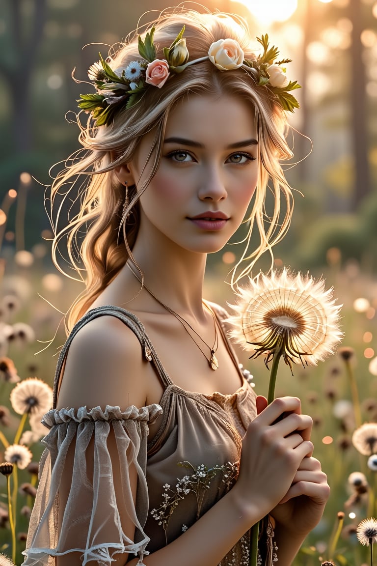 Portrait of a Dutch-Lapland beautiful young lady holding the most delicate flower, blurred forest background, foreground and background covered in flowers, dandelion fluff, morning sunrise, 8k