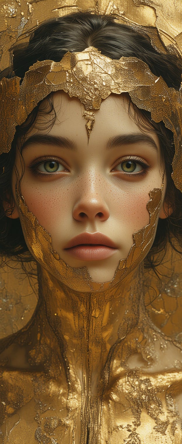 intimate full body shot head to camel toe face beautiful female face half encrusted with cracked gold leaf, Billie Eilish, dynamic standing shot, gold splattered paint, gold paint, dewy, steamy, gold lace bottom, painted gold, an oil painting, a masterpiece, hi res, 8 k, art by Tavita Niko, art by Vallejo, art by Klimt , Leonardo Style, close up, ball glasses, impressions of nudity, desire,