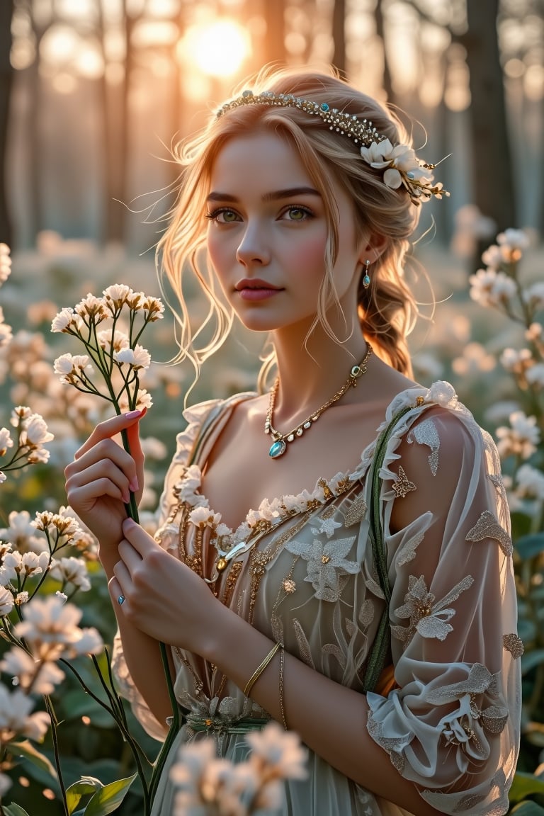 Portrait of a Dutch-Lapland beautiful young lady holding the most delicate flower, blurred forest background, foreground and background covered in flowers, morning sunrise, 8k