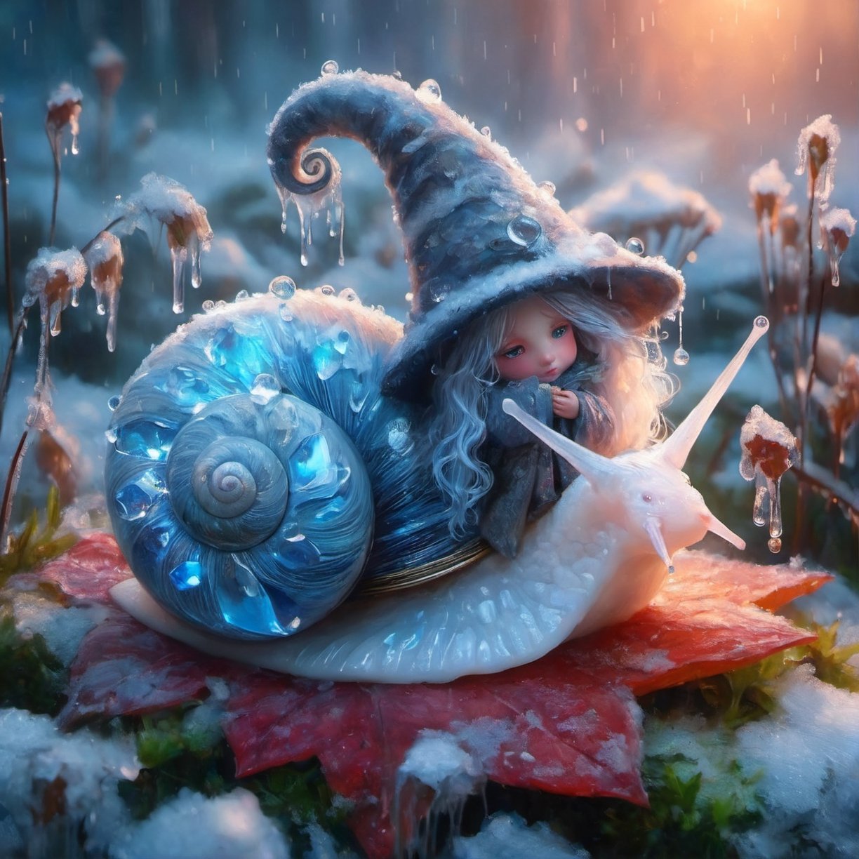 A wizard and his familiar, which is a magical ice snail with white skin and glowing blue crystalline shell, fantasy, snow, ice, digital art, a diminutive gently singing little wizard with curled pointy hat with tears as big as dew drops sitting in the rain on a leaf covered by moss, snowy forest background, tiny flowers, sparkling with frosty snow dew and snow drops, red orange and yellow colors through dappled sunlight