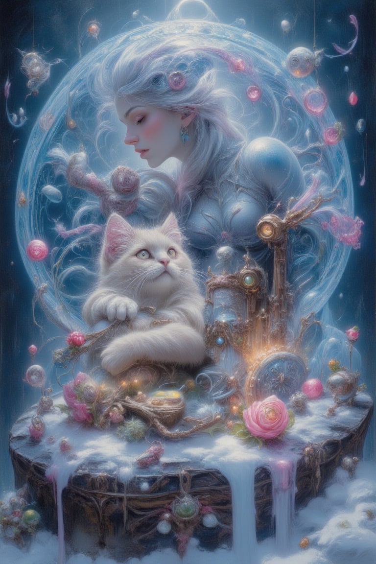 beautiful fairy trapped in a magical hairy frost ice bubble with a fluffy cat with a curly mustache and a bird, comic realism art style oils,