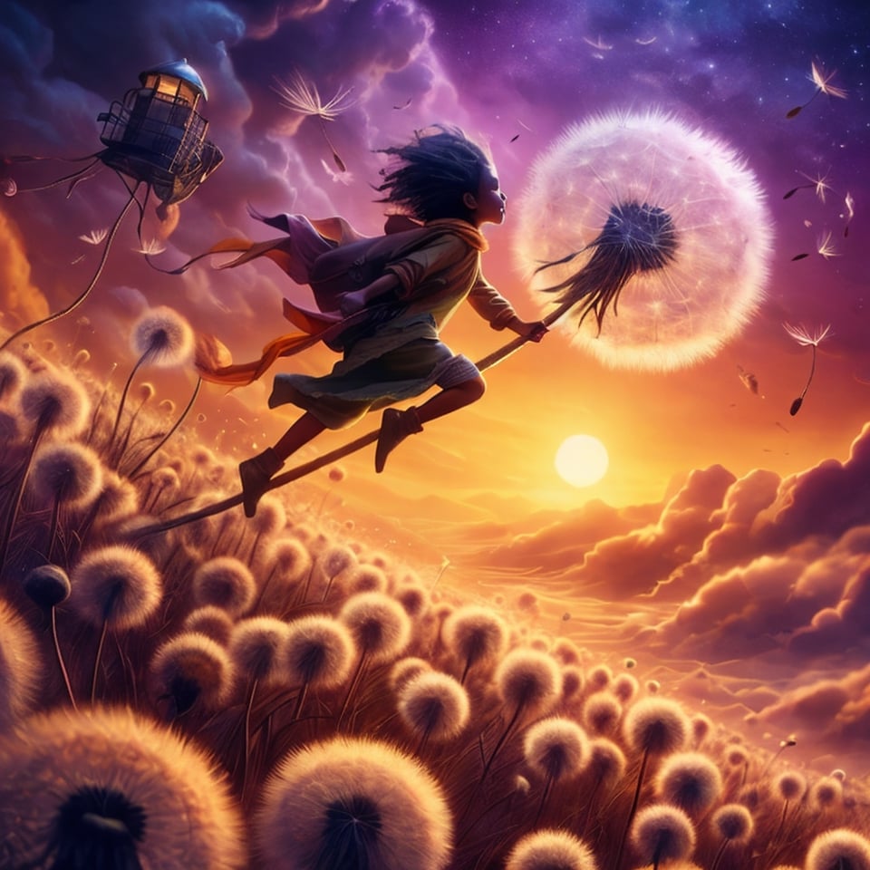 riding on a star encrusted dandelion husk floating over a violet and orange-yellow sky lofted on the winds of a changing world lost in the sands of time, photorealistic,  adventurer holding on to dandelion fluff and flying.