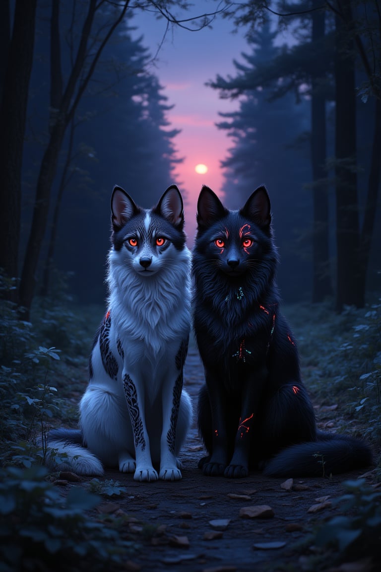 a cute maned wolf crossed with a cat sits side by side on a forest path with his twin, they look like cats, one black one white, solid rich deep black fur color, very dark forest trail, wearing a glowing enchanted gemmed color with bioluminescent, multicolor, bioluminescent, full moon-lit, iconography, hints of maroon blue and gold color, ultra detailed, beautiful and aesthetic, High quality, beautiful, masterpiece, best quality, (zentangle, mandala, tangle, entangle :0.6), 24k resolution, photorealistic, mythical white fox with nine tails, looking directly at viewer,white with some red tattoos the evening sky has a magenta hue,