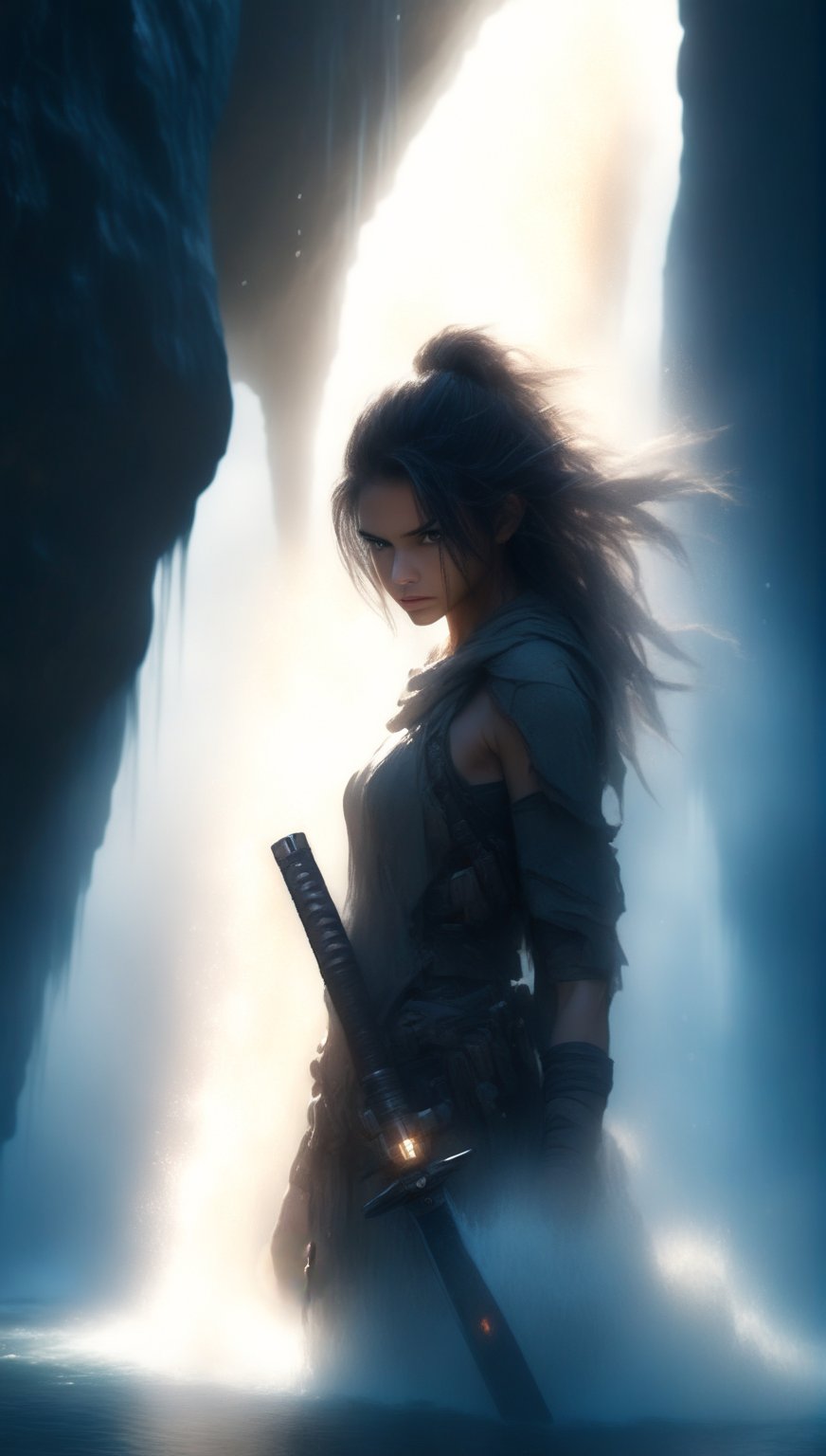 a beautiful woman in dystopian clothes holding an extremely long weapon in a desert cave waterfall, bright face lighting, bycoket, water splash, sun reflection, back lit, morning sun, cute, beautiful, dangerous, 8k resolution, medium close shot, photo realism, ultra-high detail