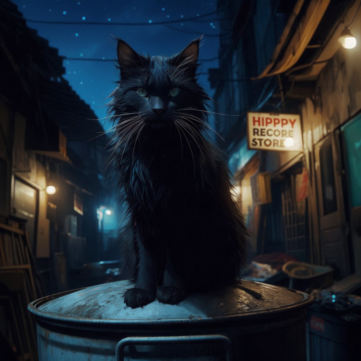 An intense dirty scrappy black cat sitting on top of a huge old metal garbage can, Hollywood lighting, behind a rundown old hippy record store in a dirty alley, dark dimly lit blue night sky with stars, dust, 8k resolution,