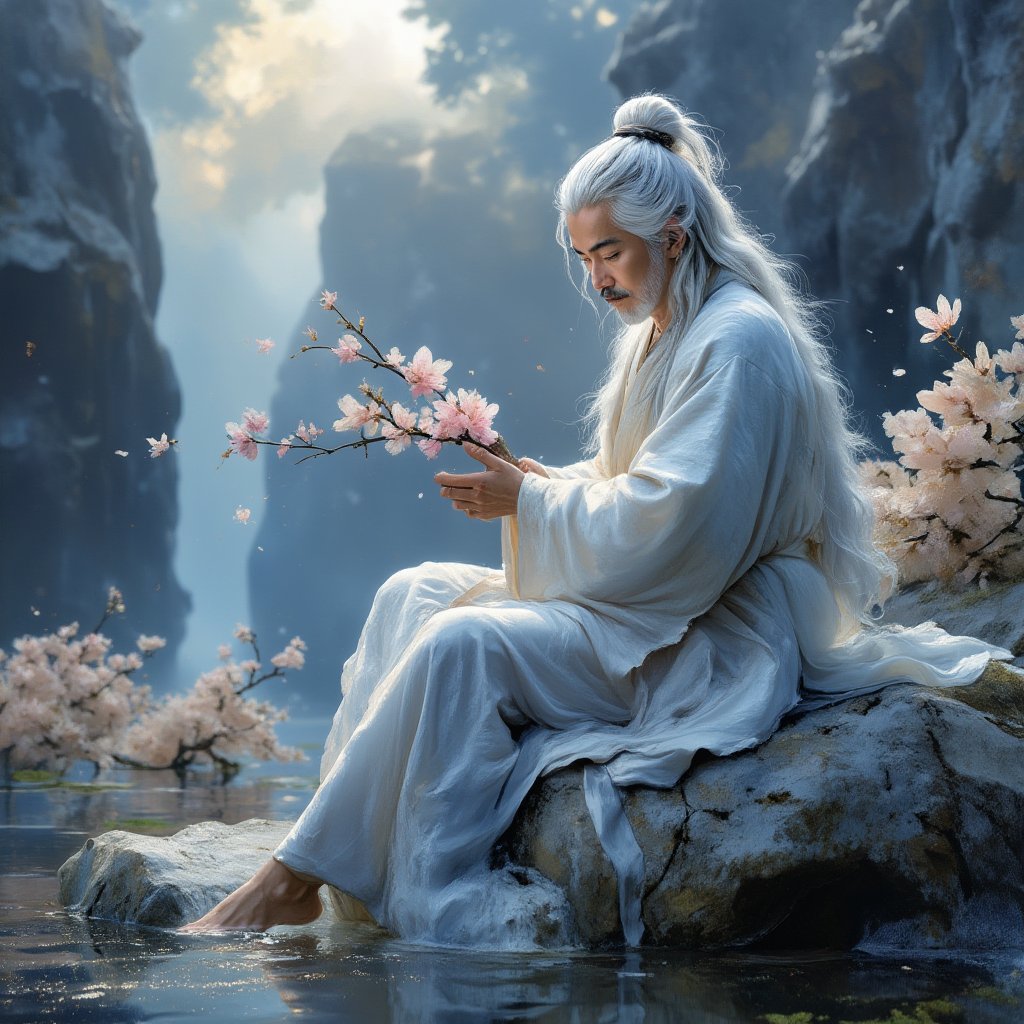 Old mythical Chinese King with long white hair and gentle eyes, wearing a kimono made of water, holds a cherry blossum and flower twig sitting in quarter profile on a gray white stone, shimmering light water blue, oil painting, 8k resolution,