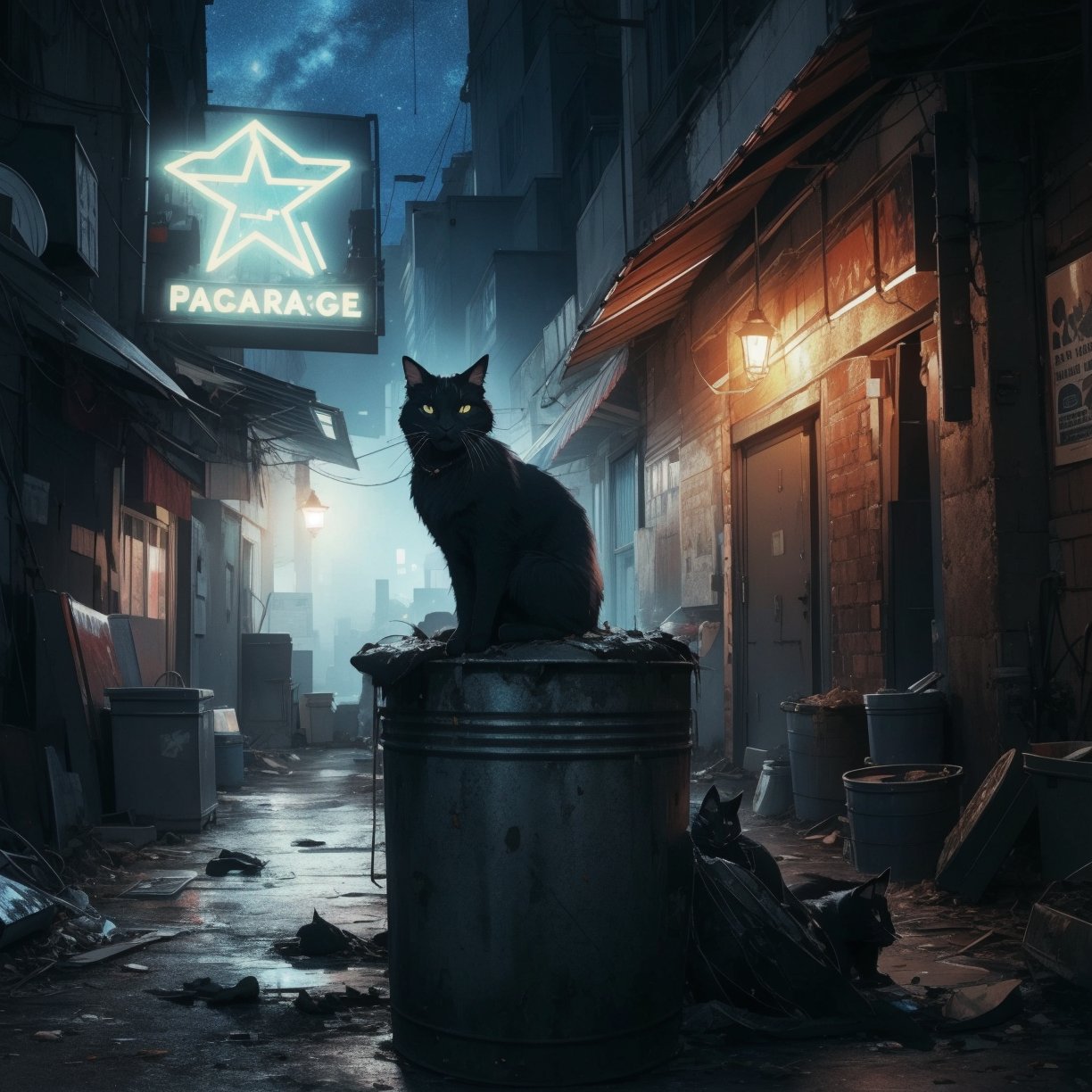 An intense dirty scrappy black cat sitting on top of a huge old metal garbage can, Hollywood lighting, behind a rundown old hippy record store in a dirty alley, dark dimly lit blue night sky with stars, dust, 8k resolution,