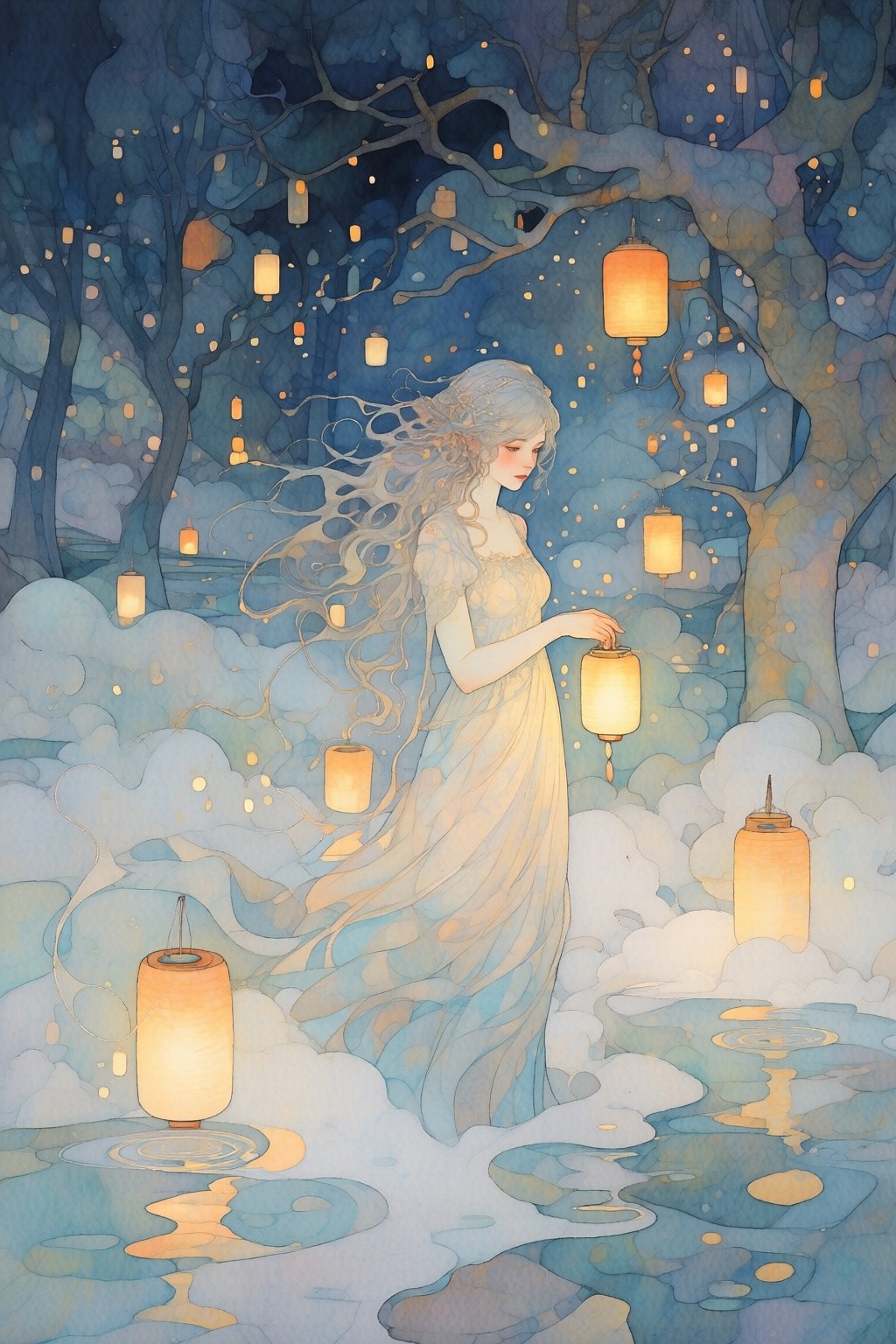 Create a dreamy landscape where a ethereal and graceful dream girl stands amidst floating mist and glowing lanterns. Her f...