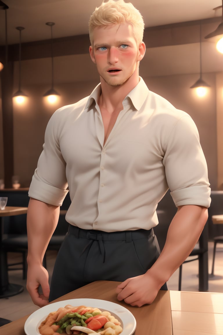 (masterpiece, only realistic, high quality), image of a handsome masculine manly English man called ryuder, short hair, pale-blonde hair, beard, wearing collared shirt, at the table, in restaurant, drunk, blush, mouth open, drooling