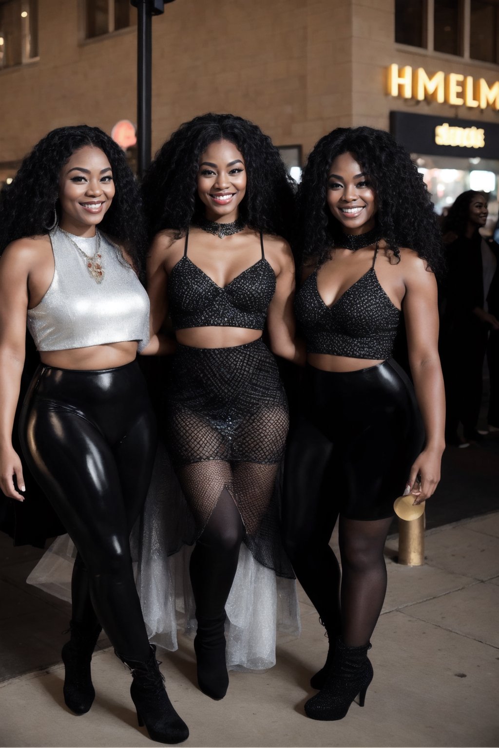 
"A group of five diffrent women standing together on a city street at night, dressed in stylish black outfits. Each woman has a unique style: 

the first woman is a Chinese woman and is on the left is wearing a form-fitting leather outfit with high boots, showing off her confident pose. 

The second woman is a European woman in a sleek black ensemble with her long hair flowing and making a playful gesture. 

The third woman is an African african woman and is in the center wearing a fishnet dress over black leggings, with curly hair and a warm smile. 

The fourth woman is a Latin Woman dressed in a chic black top with a statement necklace, her long wavy hair framing her face. 

The fifth woman on the right is an Native American woman that looks like Pocahontas wearing a sparkly silver headwrap, black outfit, and patterned fishnet stockings, exuding a bold vibe. 

All five women are standing on a sidewalk with a backdrop of a vibrant city nightlife scene, including illuminated storefronts, streetlights, and cars. 

The atmosphere is lively and fun, with a sense of camaraderie and style. 

The image should be rendered in super ultra-high detail, capturing the textures of their outfits, the lighting, the expressions on their faces, and the urban background." 