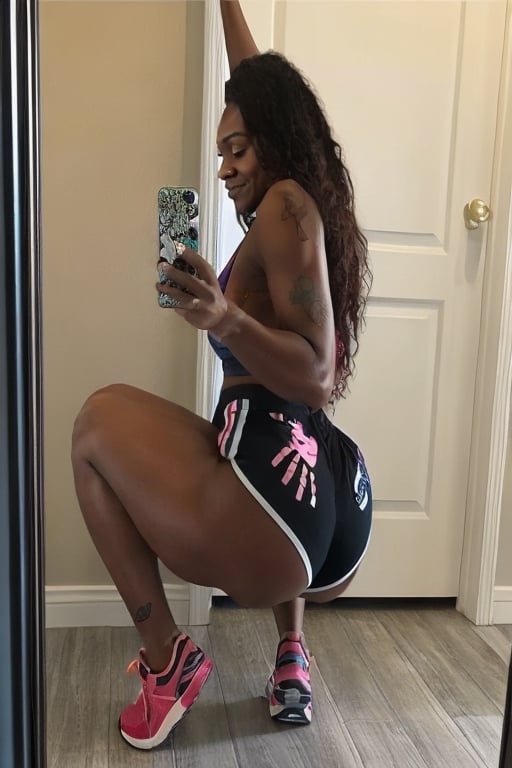 (((Dina Asher-Smith))),a woman taking a picture of herself in a mirror, trending on bbwchan, squatting pose, youtube thumbnail, bixbite, fun pose, shorts!!, no watermark signature, mimic. random position content, flamingo, 25 YEARS OLD, inspired by Cherryl Fountain, big nose, epic image, tiktok video, cash on a sidetable slim face, ebony skin, loba andrade from apex legends, beautiful symmetric body, yummy, inspired by Ras Akyem, trending on social media, brown pants, uncropped, fit pic, cutie, would you let me dress you, pink mini-skirt, fitness, grace, wow, beautiful face, looking at viewer