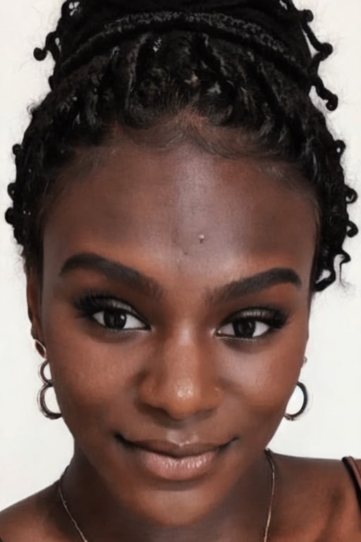 1girl, solo, long hair, looking at viewer, black hair, bare shoulders, brown eyes, jewelry, hairband, earrings, pants, dark skin, necklace, off shoulder, nail polish, sweater, dark-skinned female, lips, fingernails, book, eyelashes, makeup, forehead, ribbed sweater, curly hair, hoop earrings, nose, pen, pencil, big hair, off-shoulder sweater, very dark skin, dreadlocks