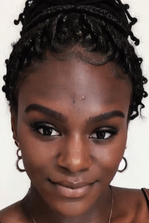 1girl, solo, long hair, looking at viewer, black hair, bare shoulders, brown eyes, jewelry, hairband, earrings, pants, dark skin, necklace, off shoulder, nail polish, sweater, dark-skinned female, lips, fingernails, book, eyelashes, makeup, forehead, ribbed sweater, curly hair, hoop earrings, nose, pen, pencil, big hair, off-shoulder sweater, very dark skin, dreadlocks