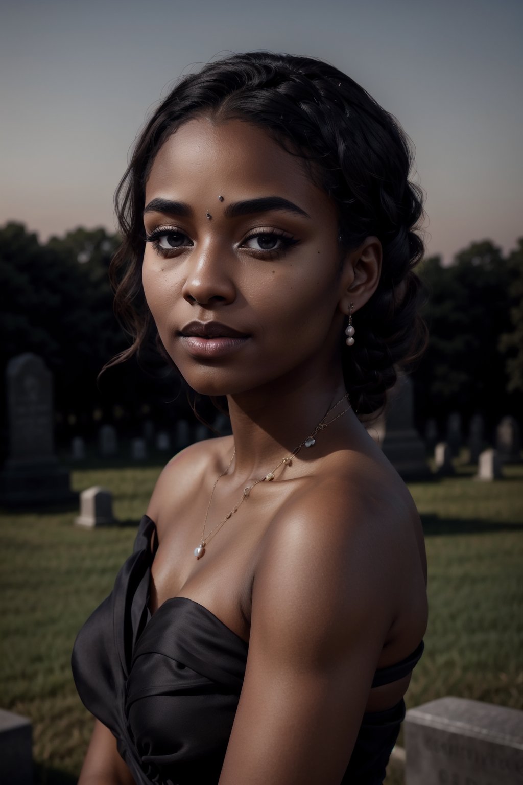 Create an ultra-realistic image of a dark-skinned woman exuding elegance and mystique in a somber, yet striking, outdoor setting. She has a richly pigmented, dark brown skin tone that captures and reflects the light beautifully, emphasizing her natural luminosity. Her hair is styled in tightly coiled blonde braids that add a soft yet dramatic contrast to her complexion.

She is wearing a sophisticated strapless black dress with textured fabric that clings to her figure, enhancing her graceful silhouette. Accessorizing her look, she wears multiple strands of black pearls around her neck, which add a layer of luxury and depth to her outfit. Her makeup is bold and dark, featuring matte black lipstick and smoky eye shadow that intensify her compelling gaze.

The setting is a cemetery, providing a backdrop that is both serene and poignant. This contrasts with her striking appearance, making her stand out dramatically against the muted tones of the gravestones. The light is subtle, perhaps early evening, casting gentle shadows and highlighting the textures of her dress and the glossiness of her skin.

The image should be rendered in super ultra-high detail, focusing on the intricacies of her braided hairstyle, the sheen on her skin, the delicate yet bold makeup, and the detailed textures of her dress and pearl necklaces. The overall vibe is one of haunting beauty, capturing a moment of quiet introspection amidst a setting that speaks to themes of elegance and remembrance. This detailed prompt aims to bring the image to life with a focus on realism, the unique beauty of her skin tone, and the emotionally rich setting.