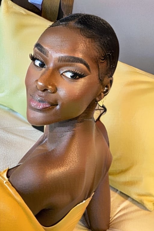 a woman laying on top of a bed next to a pillow,  loba andrade from apex legends,  stunning african princess by Dimension...