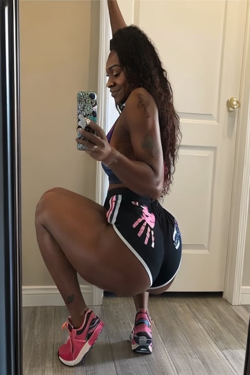 (((Dina Asher-Smith))),a woman taking a picture of herself in a mirror, trending on bbwchan, squatting pose, youtube thumbnail, bixbite, fun pose, shorts!!, no watermark signature, mimic. random position content, flamingo, 25 YEARS OLD, inspired by Cherryl Fountain, big nose, epic image, tiktok video, cash on a sidetable slim face, ebony skin, loba andrade from apex legends, beautiful symmetric body, yummy, inspired by Ras Akyem, trending on social media, brown pants, uncropped, fit pic, cutie, would you let me dress you, pink mini-skirt, fitness, grace, wow, beautiful face, looking at viewer