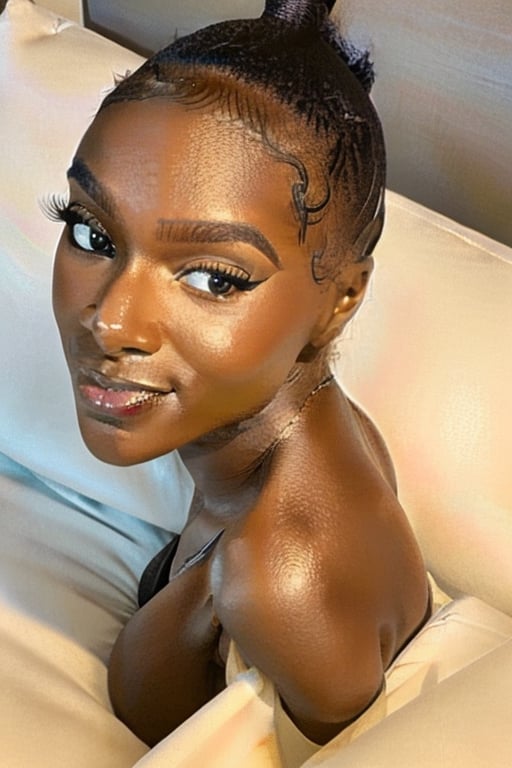 a woman laying on top of a bed next to a pillow,  loba andrade from apex legends,  stunning african princess by Dimension...