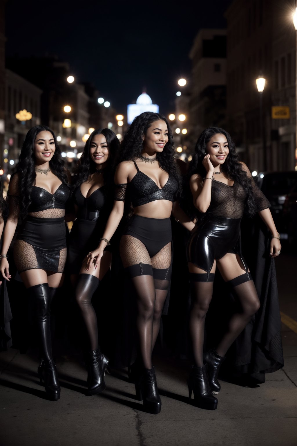 
"A group of five diffrent women standing together on a city street at night, dressed in stylish black outfits. Each woman has a unique style: 

the first woman is a Chinese woman and is on the left is wearing a form-fitting leather outfit with high boots, showing off her confident pose. 

The second woman is a European woman in a sleek black ensemble with her long hair flowing and making a playful gesture. 

The third woman is an African african woman and is in the center wearing a fishnet dress over black leggings, with curly hair and a warm smile. 

The fourth woman is a Latin Woman dressed in a chic black top with a statement necklace, her long wavy hair framing her face. 

The fifth woman on the right is an Native American woman that looks like Pocahontas wearing a sparkly silver headwrap, black outfit, and patterned fishnet stockings, exuding a bold vibe. 

All five women are standing on a sidewalk with a backdrop of a vibrant city nightlife scene, including illuminated storefronts, streetlights, and cars. 

The atmosphere is lively and fun, with a sense of camaraderie and style. 

The image should be rendered in super ultra-high detail, capturing the textures of their outfits, the lighting, the expressions on their faces, and the urban background." 