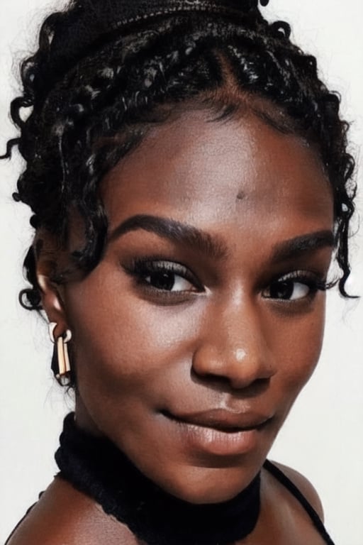 1girl, solo, long hair, looking at viewer, black hair, bare shoulders, brown eyes, jewelry, hairband, earrings, pants, dark skin, necklace, off shoulder, nail polish, sweater, dark-skinned female, lips, fingernails, book, eyelashes, makeup, forehead, ribbed sweater, curly hair, hoop earrings, nose, pen, pencil, big hair, off-shoulder sweater, very dark skin, dreadlocks, full view
