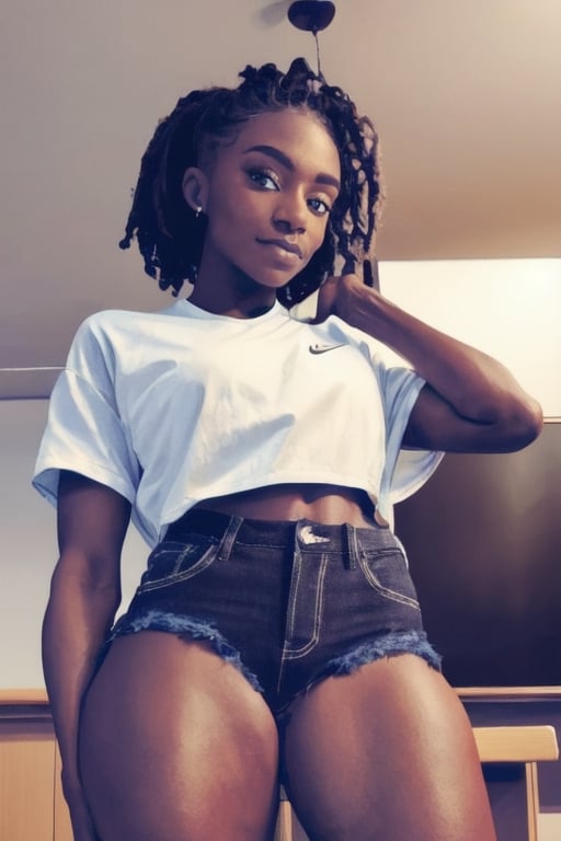 Full body view, 23 year old, Black women, long denim shorts, large butt, dark skin, 24 inch waist, standing in classroom, view from rear, white nike shoes, long black socks,Dina,modelshoot style, dina_eyes