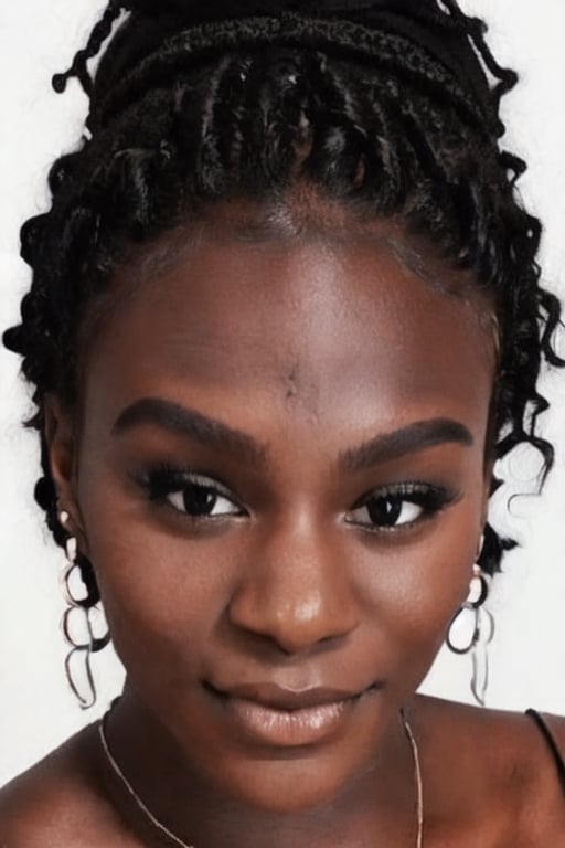 1girl, solo, long hair, looking at viewer, black hair, bare shoulders, brown eyes, jewelry, hairband, earrings, pants, dark skin, necklace, off shoulder, nail polish, sweater, dark-skinned female, lips, fingernails, book, eyelashes, makeup, forehead, ribbed sweater, curly hair, hoop earrings, nose, pen, pencil, big hair, off-shoulder sweater, very dark skin, dreadlocks, full body view
