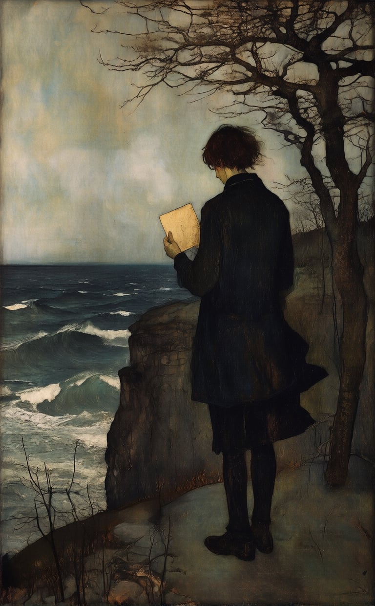 A solitary figure stands on a windswept cliff overlooking a stormy sea,  clutching a faded letter. The scene is rendered i...