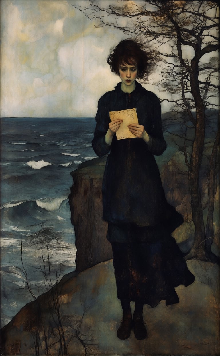 A solitary female stands on a windswept cliff overlooking a stormy sea,  clutching a faded letter. The scene is rendered i...