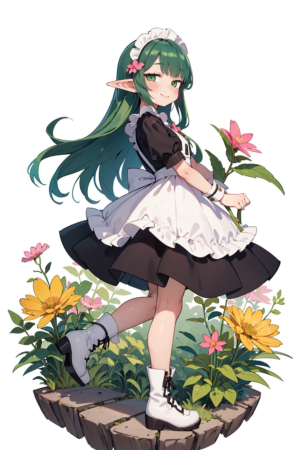 (small Botanical art white background:1.4), 1girl, from side, dynamic pose, cchubby, long hair, maid dress, boots, elf, little smile, autumn, (lots of pink cosmos \(flower\) and green leaves)