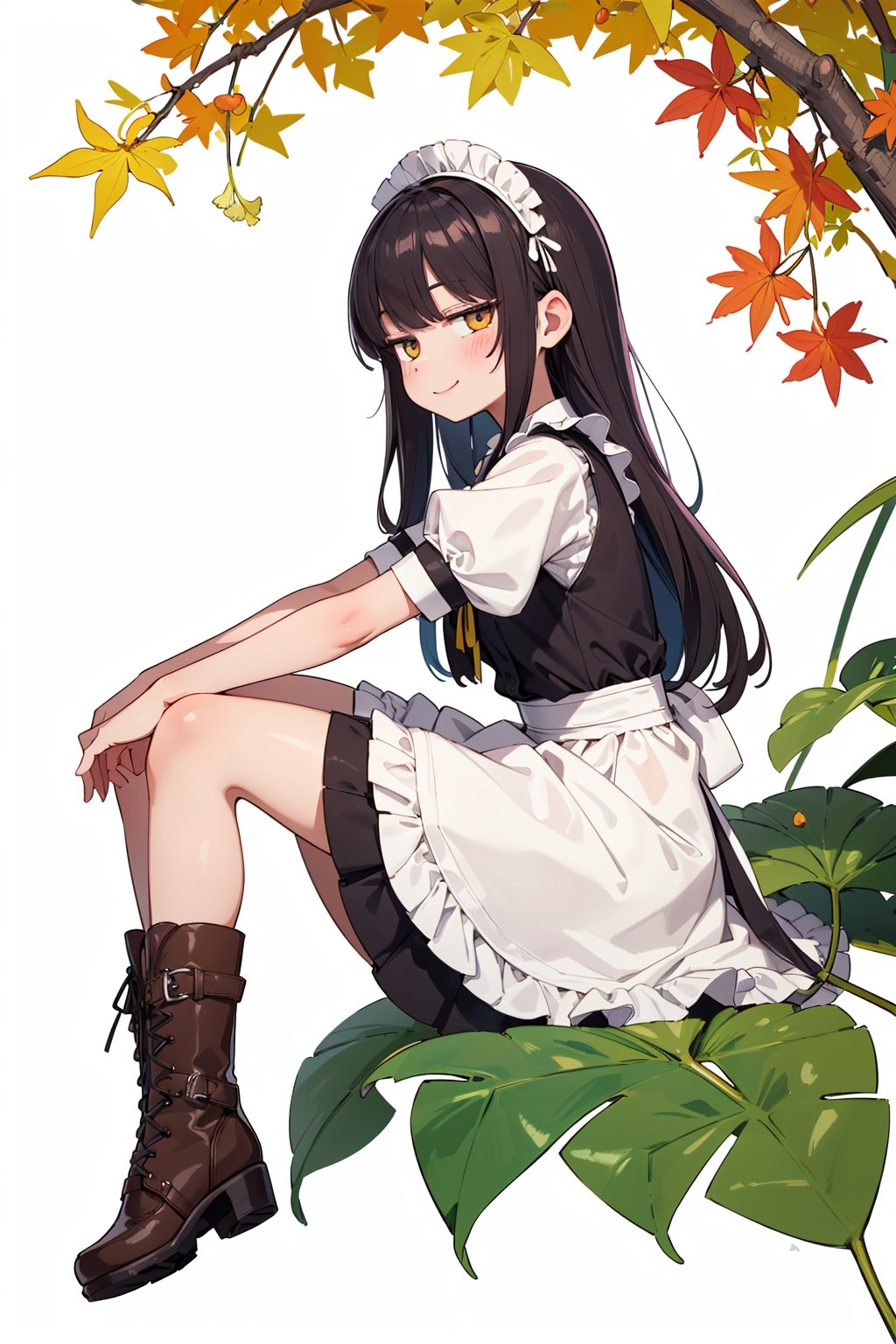 ((Botanical art white background:1.3)),1 girl,from side,dynamic pose, sitting, chubby, long hair, maid dress, boots, smile, autumn, lots of maple leaves and ginkgo trees with red leaves