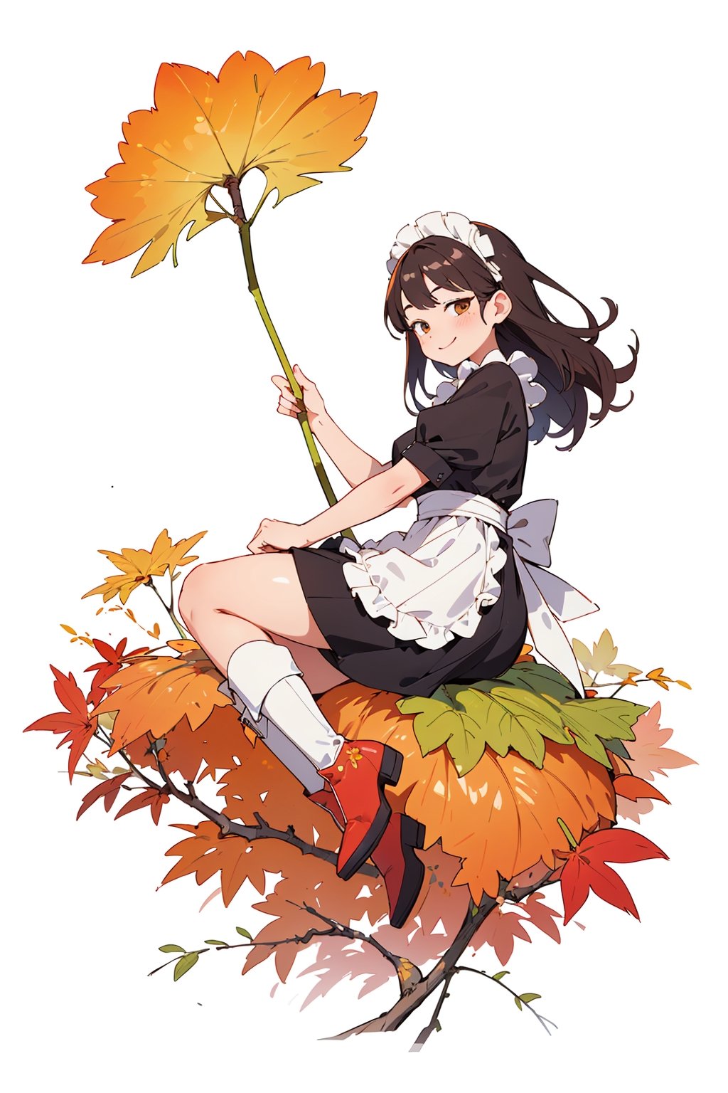 ((Botanical art white background:1.3)),1 girl,from side,dynamic pose, sitting, chubby, long hair, maid dress, boots, smile, autumn, lots of maple leaves and ginkgo trees with red leaves