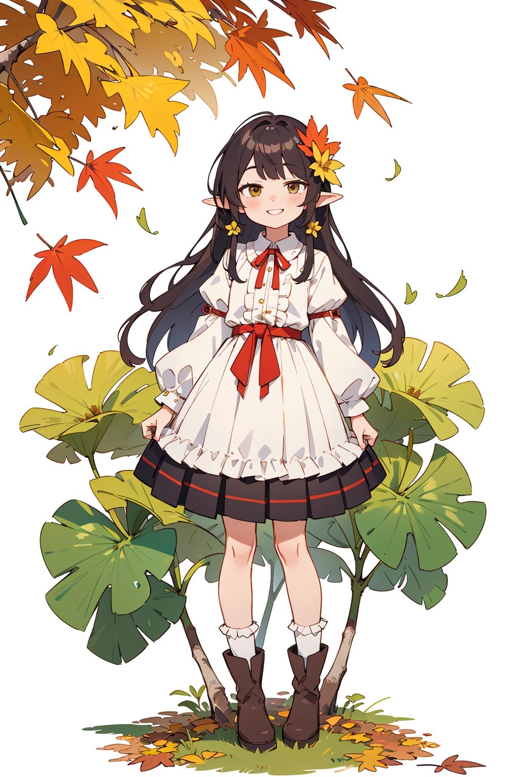 ((Botanical art white background)), 1 girl, cchubby, super long hair, blouse, skirt, frilly socks, ribbon, boots, elf, smile, autumn, lots of maple leaves and ginkgo trees with red leaves,